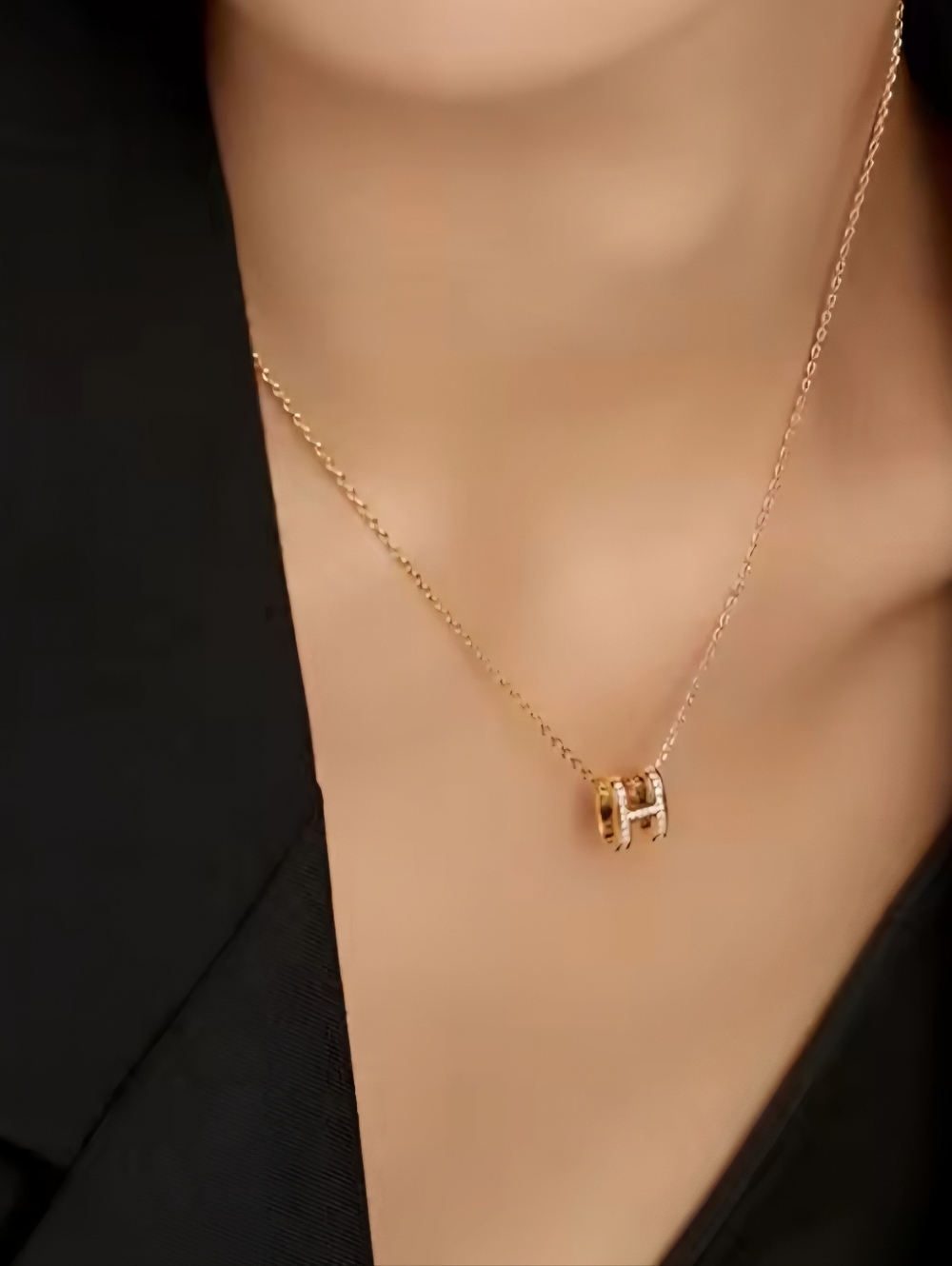 Gold Plated CZ H-Shaped Initial Pendant Necklace and Rose Gold Bangle Set Gifts - Picture 6 of 13